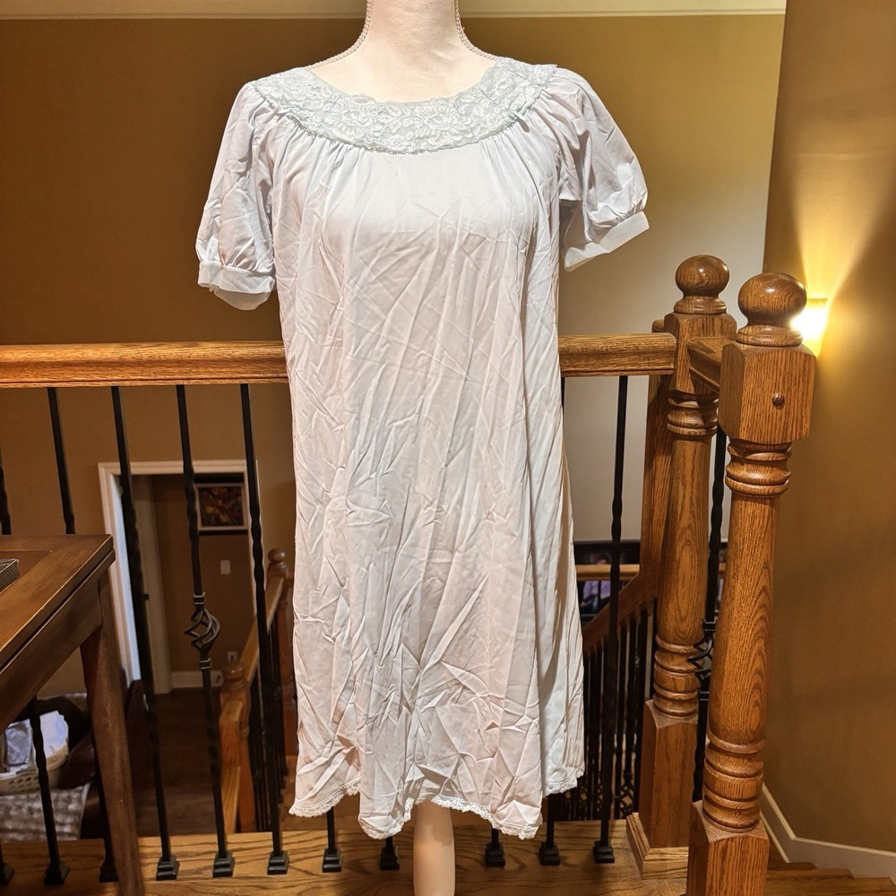Vintage Gilbreath 2 Pc Blue Nightgown & Housecoat Robe Set Lace Trim Size Small